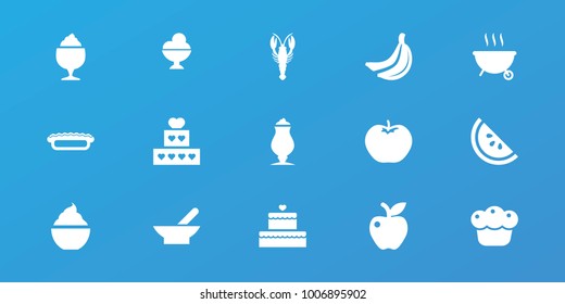 Editable 15 delicious icons: bowl, apple, crab, cake, milkshake, pie, watermelon, barbeque, banana