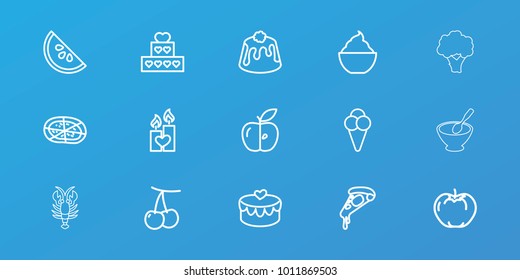 Editable 15 delicious icons: cherry, apple, cake, pizza, milkshake, pie, heart lock, candle heart, ice cream, watermelon, cauliflower, crab
