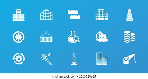 Editable 15 development icons: business center, building, child building kit, gear rotate, cargo crane, badminton, building   isolated  sign symbol, cargo on hook
