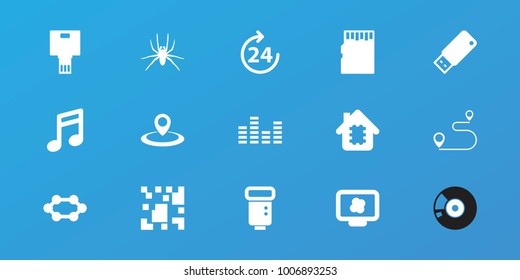 Editable 15 digital icons: 24 hours, spider, note, cpu in house, cpu, atom on display, equalizer, camera flash, usb drive, camera, memory card, map location, qr code, disc