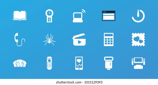 Editable 15 digital icons: calculator, tv system, heartbeat on phone, photo with heart, laptop, camera flash, stopwatch camera, play, pendulum, digital clock, spider, book