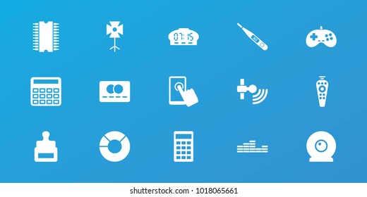 Editable 15 digital icons: stamp, calculator, pie chart, touchscreen, remote control, thermometer, signal, soft box, web camera, cpu, digital clock, credit card, equalizer