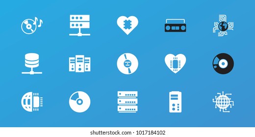 Editable 15 disk icons: cpu in heart, cpu planet, disc on fire, cd, server, disc