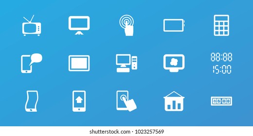 Editable 15 display icons: graph on board, atom on display, touchscreen, tablet, pc, home on phone display, digital time, digital clock, board, calculator