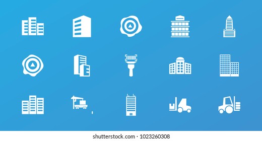 Editable 15 distribution icons: building, building   isolated  sign symbol, arrow up, cargo truck, forklift, business center
