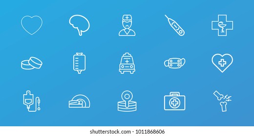 Editable 15 doctor icons: tablet, heart with cross, first aid, drop counter, doctor, ambulance, mri, pharmacy, medical reflector, thermometer, broken leg or arm
