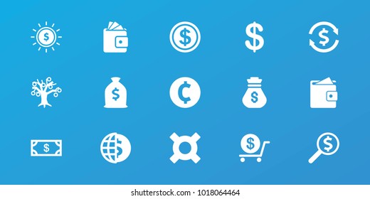 Editable 15 dollar icons: coin, money, dollar, money tree, wallet, wallet, coin