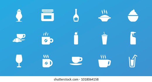 Editable 15 drink icons: cocktail, cleanser, coffee, soup, tea, drink, milkshake, coffee and croissant, cream, bottle