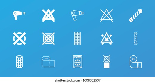Editable 15 dry icons: hair curler, no bleaching, hair dryer, paper towel, washing machine, no dry cleaning