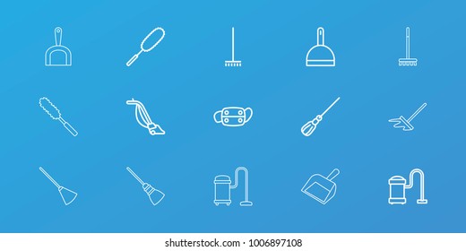 Editable 15 dust icons: dustpan, broom, mop, dust brush, vacuum cleaner