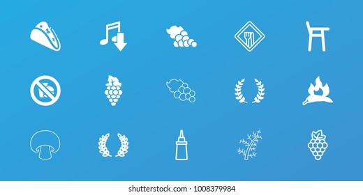 Editable 15 eating icons: chili, eating mouth, baby chair, taco, no fast food, olive branch, grape, ketchup, restaurant, grape, mushroom
