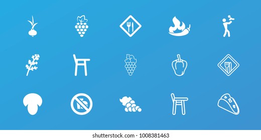 Editable 15 eating icons: mushroom, grape, deel, father with baby, baby chair, restaurant, no fast food, pepper, taco, onion, chili