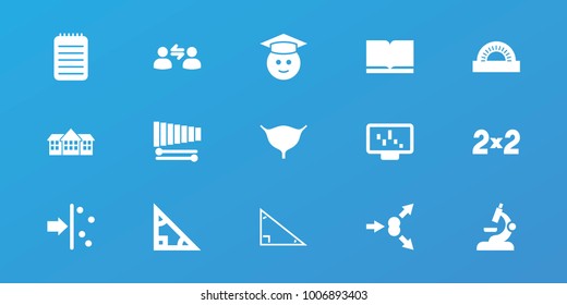 Editable 15 education icons: triangle, graduate emoji, book, graph on display, atom move, notebook, xylophone, user communication, school, protractor, blackboard, bladder