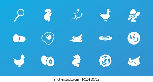 Editable 15 egg icons: chicken, rooster, fried egg and bacon, search sperm, sperm