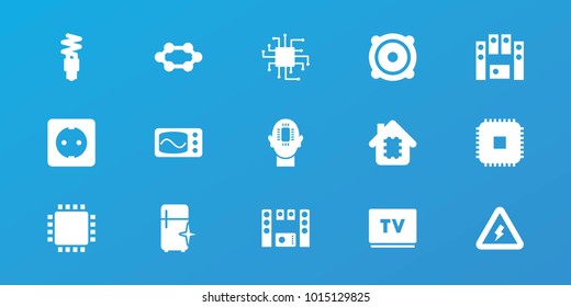 Editable 15 electrical icons: clean fridge, cpu, cpu in house, speaker, loud speaker set, plug socket, fluorescent lamp, voltage warning, electricity