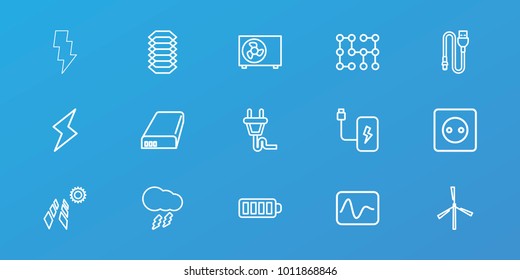 Editable 15 electricity icons: mill, plug socket, solar panel, electricity, baterry, wire, battery, plug, air conditioner, thunderstorm, flash