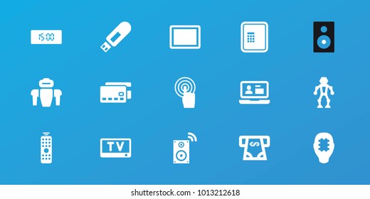 Editable 15 electronic icons: atm, atm money withdraw, credit card, cpu in head, robot, touchscreen, tablet, remote control, music loudspeaker, digital clock, tv, laptop