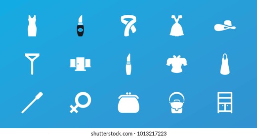 Editable 15 elegance icons: nailfile, lipstick, wardrobe, dress, tie, woman hat, door, female, blouse, bag