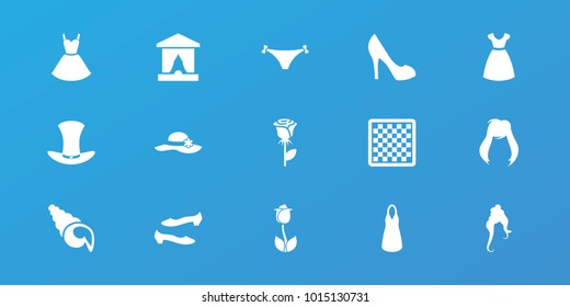 Editable 15 elegant icons: woman hairstyle, dress, shoe, rose, chess board, stage, hat, shell, panties with heart, woman hat, tulip