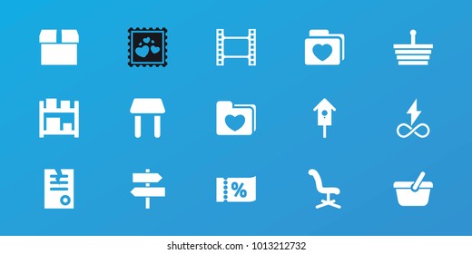 Editable 15 empty icons: office chair, paper, shopping basket, box, movie tape, nesting house, folder with heart, storage, table, ticket on sale, direction, endless battery