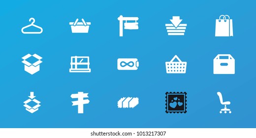 Editable 15 empty icons: parcel, hanger, shopping basket, box, direction, direction board, endless battery, shopping bag, garden bench, office chair