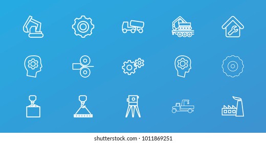 Editable 15 engineering icons: factory, gear, excavator, concrete mixer, hook with cargo, theodolite, gear in head, cargo crane, home repair, gear    sign symb