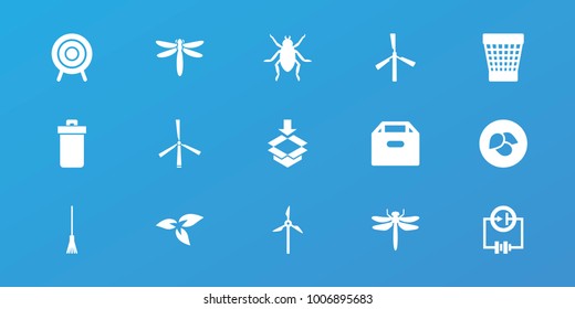 Editable 15 environment icons: plant, leaf, mill, trash bin, dragonfly, beetle, box, rake, target