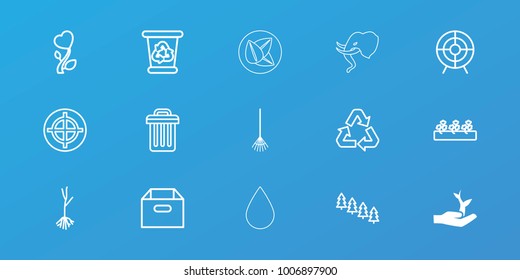 Editable 15 environment icons: plant on hand, pine tree, recycle bin, box, target, rake, sprout plants, sprout, heart flower, recycle, trash bin, leaf, elephant