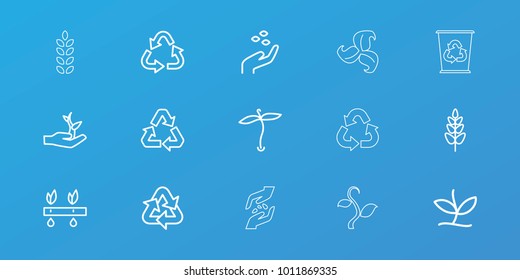 Editable 15 environmental icons: plant, hand with seeds, recycle, plant on hand