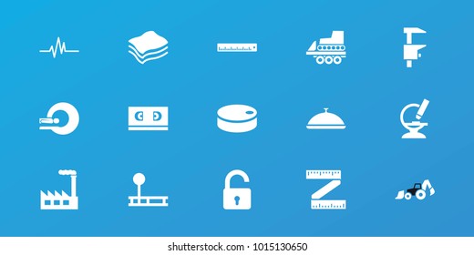 Editable 15 equipment icons: opened lock, fintess equipment, factory, microscope, heartbeat, sponge, hockey puck, dish, excavator, chainsaw, ruler, measure ruler, film tape