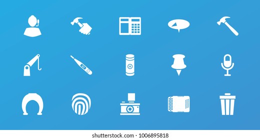Editable 15 equipment icons: trash bin, pin, horseshoe, atm, cargo crane, support, microphone, battery, thermometer, harmonic, fingerprint, hummer