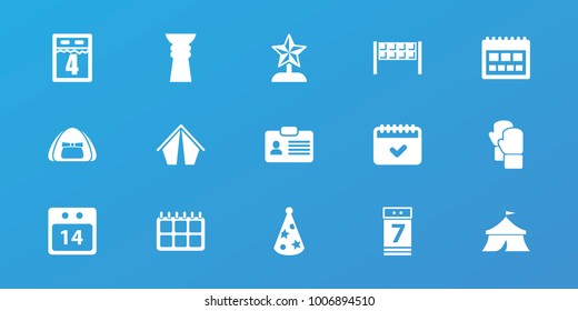 Editable 15 event icons: calendar, tent, calendar 7 date, party hat, trophy, star trophy, fence, badge, boxing gloves