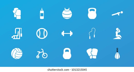 Editable 15 exercise icons: child bicycle, barbell, boxing bag, boxing gloves, fit ball, gym equipment, push up, skipping rope, baseball, volleyball, kettle bell