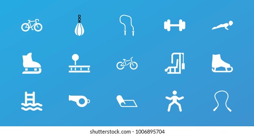 Editable 15 exercise icons: skipping rope, ice skate, bicycle, man doing exercises, gym equipment, swimming ladder, whistle, barbell, fintess equipment, carpet, ice skating