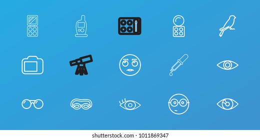 Editable 15 eye icons: sparrow, eyeshadow palette, rolling eyes emot, nerd emoji, swimming glasses, eye, camera display, sunglasses, baby monitor phone, pipette