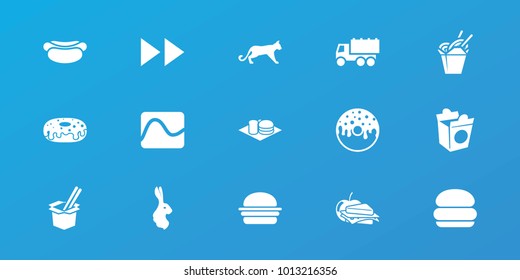Editable 15 fast icons: rabbit, truck, burger, donut, chinese fast food, soda and burger, take away food, sandwich and apple, electricity, panther