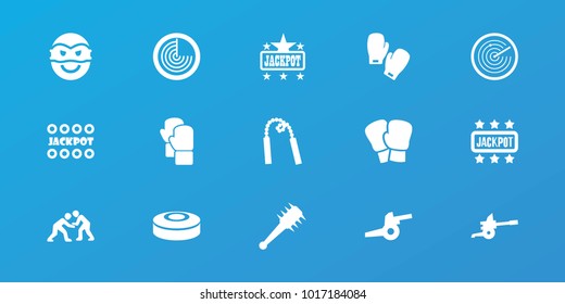 Editable 15 fight icons: radar, jackpot, boxing gloves, judo, smoke bomb, mace, chain weapon, cannon