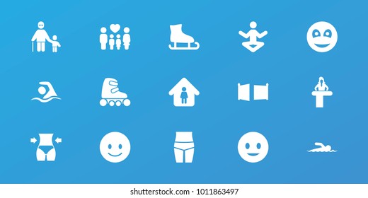 Editable 15 figure icons: airport desk, man in home, smiling emot, yoga, ice skating, family, smiley, gate, swimming, skate rollers, swimmer, slim, waist fitness