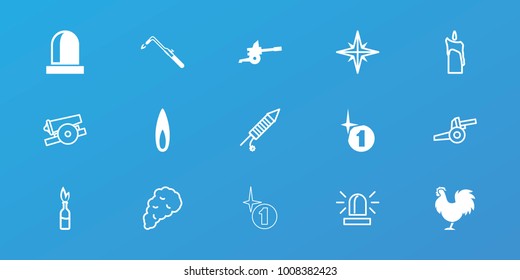 Editable 15 fire icons: blowtorch, flame, siren, cannon, fireworks, candle, smoke, explosion, dynamite