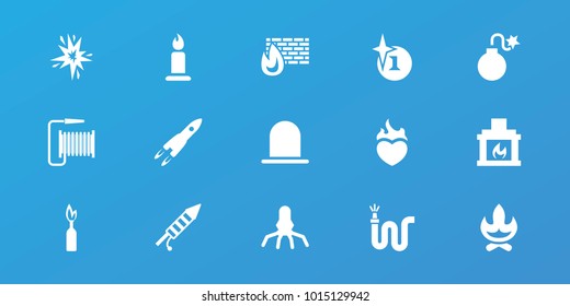 Editable 15 fire icons: siren, candle, explosion, bonfire, water hose, rocket, brick wall fire, fireworks, fireplace, dynamite, explode