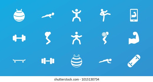 Editable 15 fit icons: fit ball, skating, man doing exercises, barbell, squat, muscular arm  on phone, muscular arm