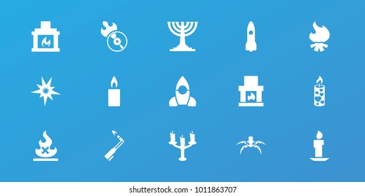 Editable 15 flame icons: fireplace, rocket, explode, candle, disc flame, candlestick, menorah, blowtorch, bonfire