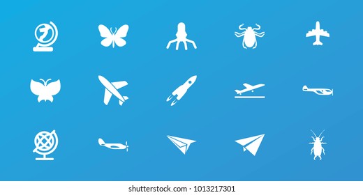 Editable 15 fly icons: plane taking off, helicopter, butterfly, beetle, globe, plane, rocket