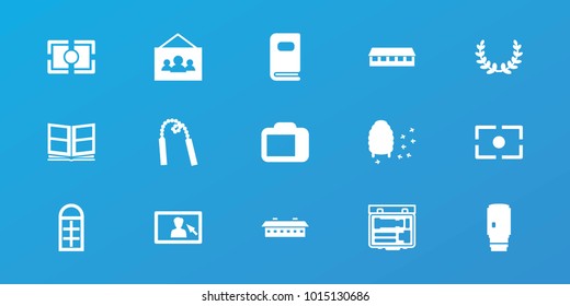 Editable 15 frame icons: barn, honeycomb, camera lense, photo album, camera, photo, olive wreath, chain weapon