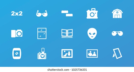 Editable 15 frame icons: picture, blackboard, building block, family photo, camera, camera display, photo album, photo, sunglasses, barn, window, alien head
