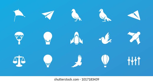 Editable 15 freedom icons: dove, eagle, scales, air balloon, paper plane, hang glider, love bird, equalizer, man with parachute