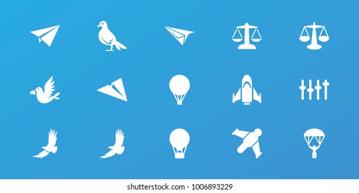 Editable 15 freedom icons: eagle, scales, air balloon, paper plane, hang glider, love bird, equalizer, man with parachute