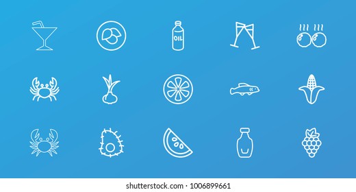 Editable 15 fresh icons: leaf, onion, grape, corn, oil, crab, lemon, bottle, wine glass, meat, watermelon, extinct sea creature, extinct fish