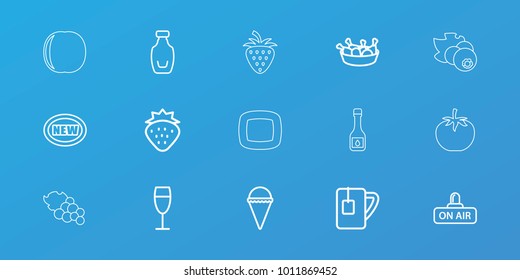 Editable 15 fresh icons: strawberry, new, ice cream, chicken leg, open air, tea cup, bottle, wine glass, currant, peach, apple, oil, grape