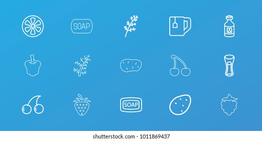 Editable 15 freshness icons: potato, deel, cherry, soap, tea cup, milk glass, lemon, milk, mulberry, pepper